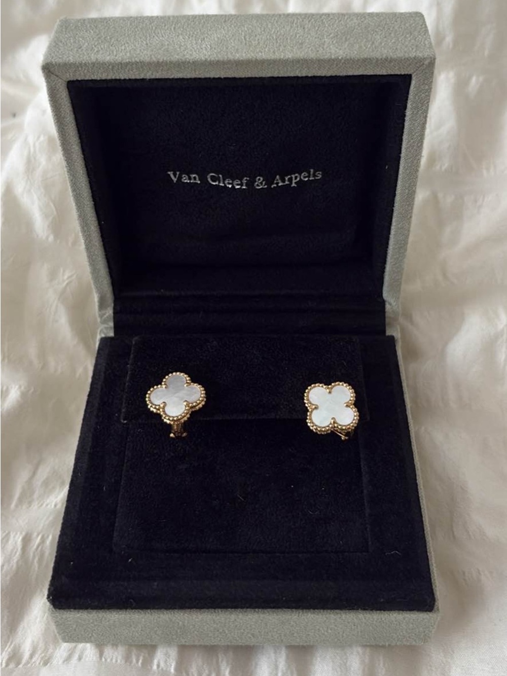 Van Cleef & Arpels Gold and White Alhambra Clover Stud Earrings